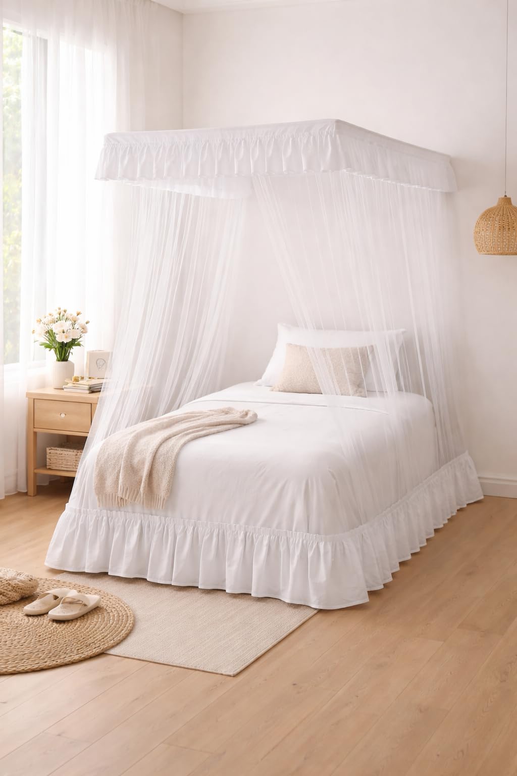 Ans Mosquito Net Fine Polycotton for Single Bed 4 x 6.5 Ft – White Super Soft Bed Net with Pure Cotton Border on Top & Bottom, Breathable & Washable Mosquito Protection