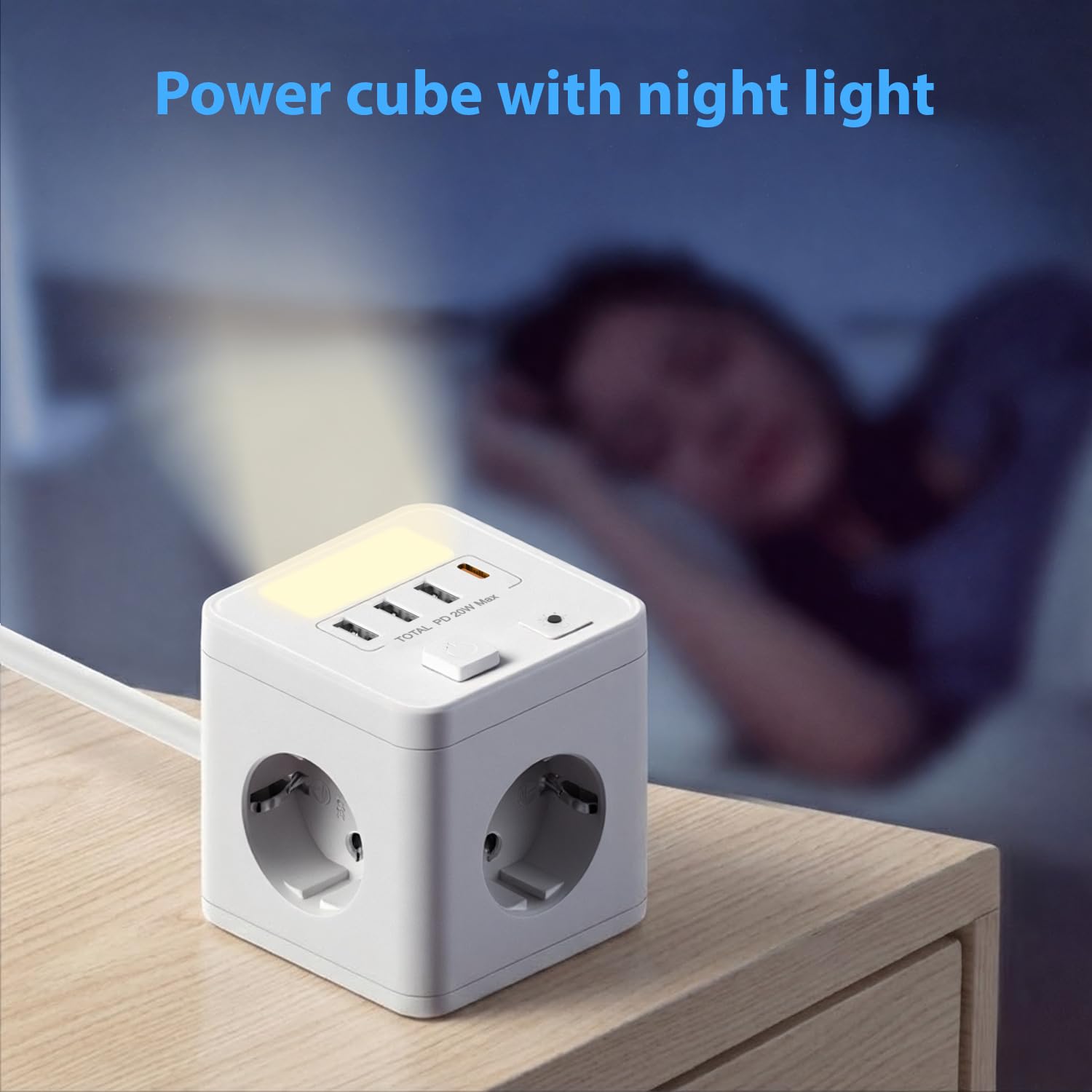 Ladron Enchufes USB C 20W con 4 Tomas, Cubo Regleta Enchufes 1.5 Cable con 1 USB C y 3 USB A, Enchufe Múltiple con Interruptor y luz Nocturna para Viajes, Cocina, Oficina — view 5