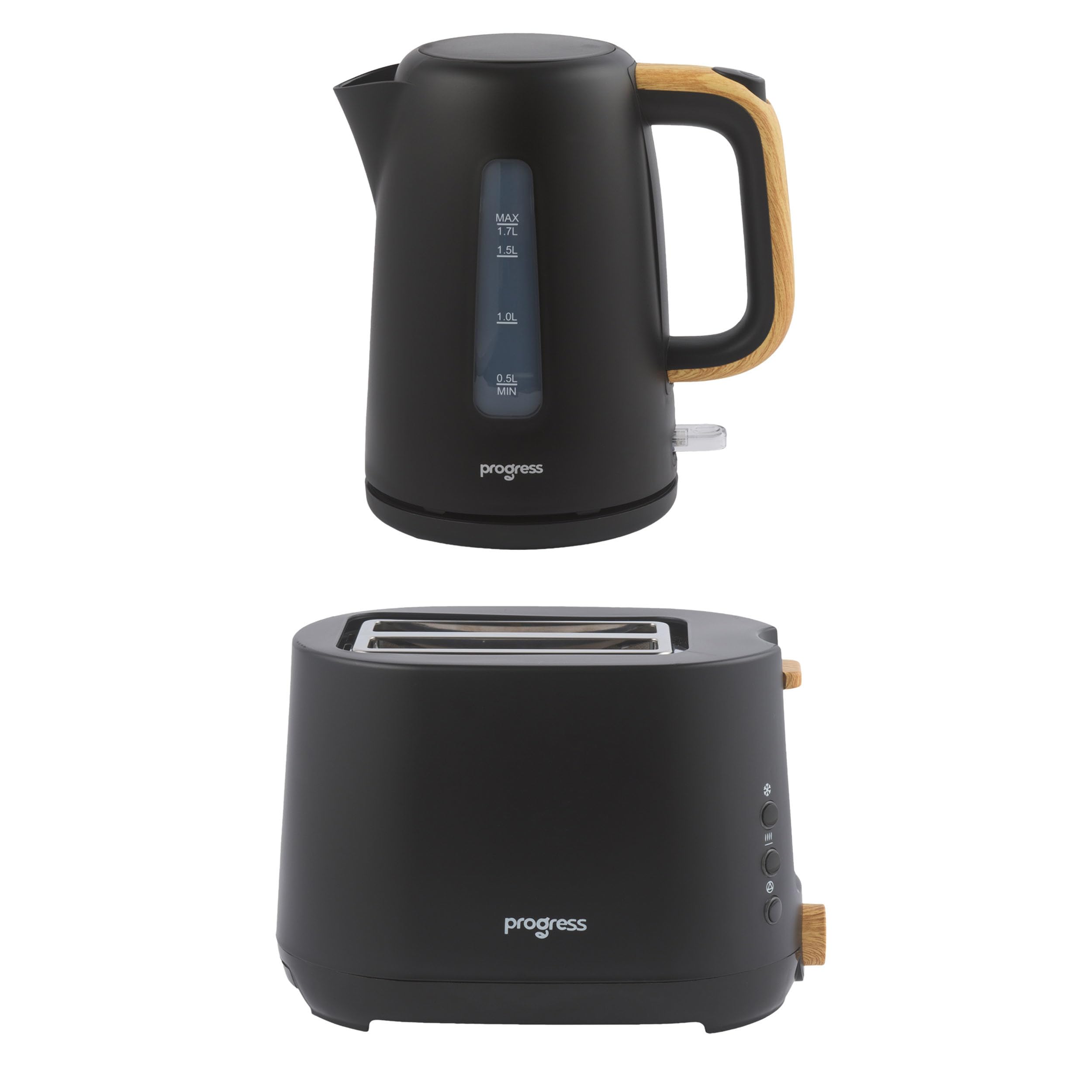 Progress Skara Kettle & 2-Slice Toaster Set – 1.7L 3000W Rapid Boil Kettle & 750W Toaster with 6 Browning Levels, Defrost, Reheat & Cancel, Black with Wooden Accents