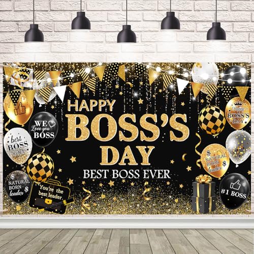 AIBIIN Black and Gold Happy Bosss Day Backdrop Banner Bosss Day Decorations Office Background Banner Best Boss Ever Party Decorations for Best Boss Ever Party Photo Props Backdrop 71 x 43 Inch