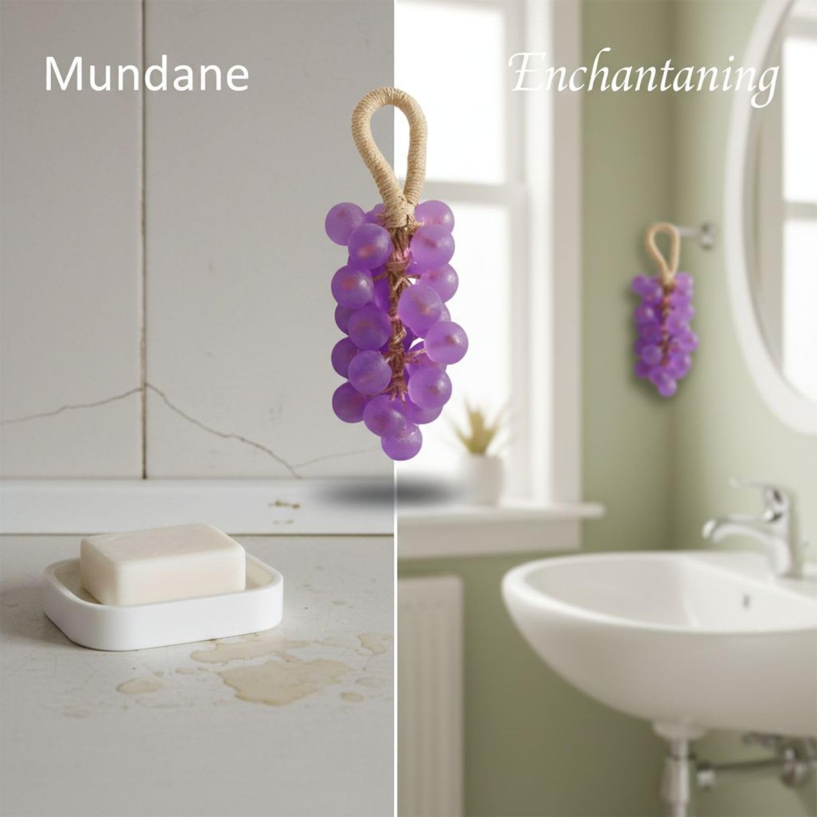 Lot de 2 savons raisin sur corde, 25 raisins violet foncé avec corde en coton brun et 25 raisins thé vert avec corde en chanvre, savon artisanal cristal pour déco maison, cadeau