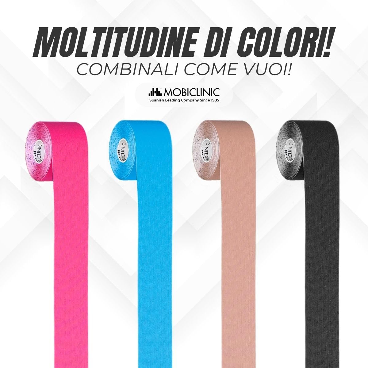 Mobiclinic®, Confezione da 12 rotoli di kinesiotape, Benda elastica autoadesiva, 5m x 5cm, Tape sportivo, Alleviamento del dolore muscolare, Bendaggio kinesiologico, Nastro