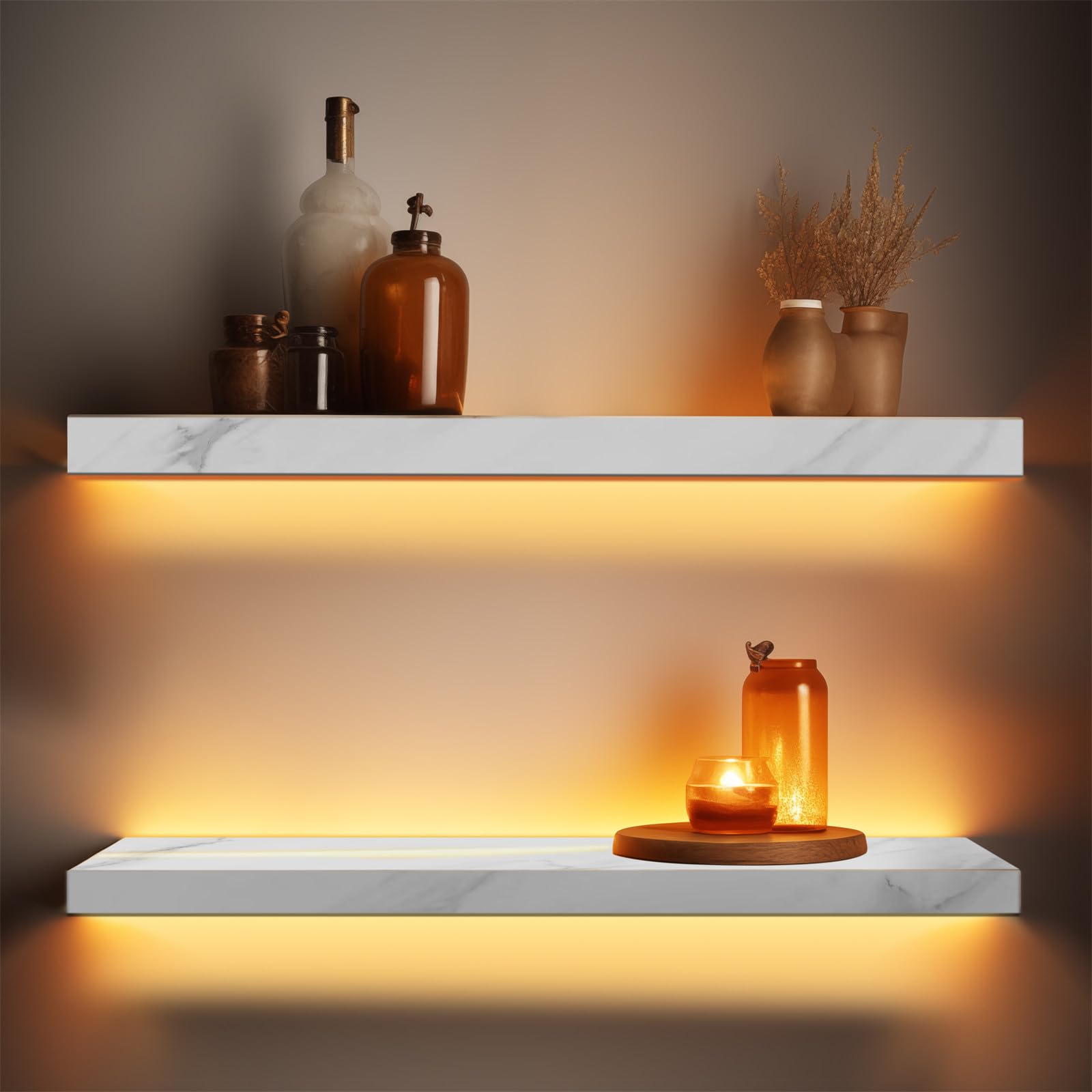 LuisoGur Floating Shelf, Display Stand, White Marble Texture, LED Beige Light with Sensor, Built-in Battery Powered, Suitable for Living Room, Bedroom, Office, Kitchen, Bathroom, (21.6 inch Set of 2)