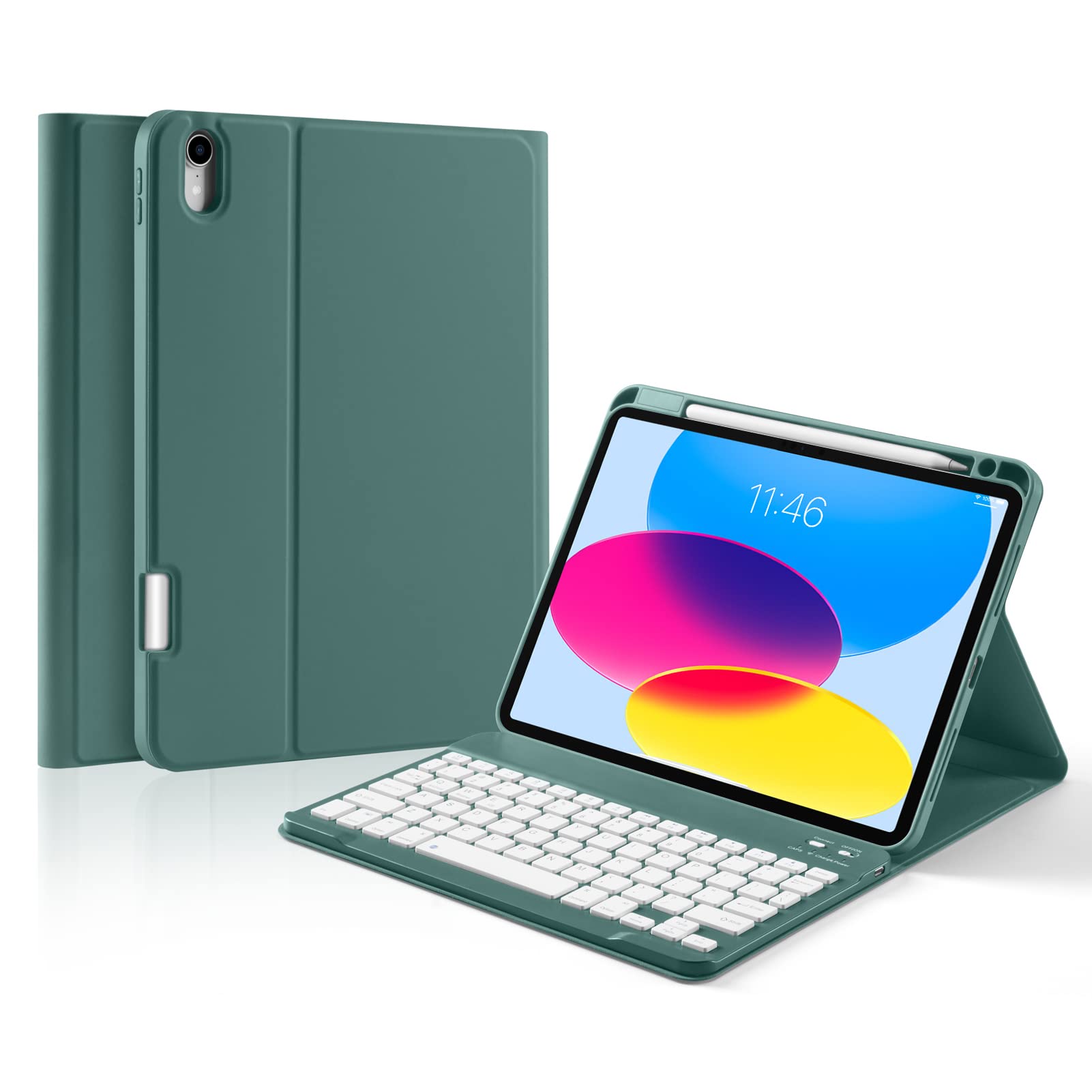 Laetass Keyboard case for iPad 10th Generation 10.9 inch 2022 with Upper Pen Slot,Leather Stand Cover with Built-in Pencil Holder, Magnetic Detachable Wireless Bluetooth Keyboard. (Green)