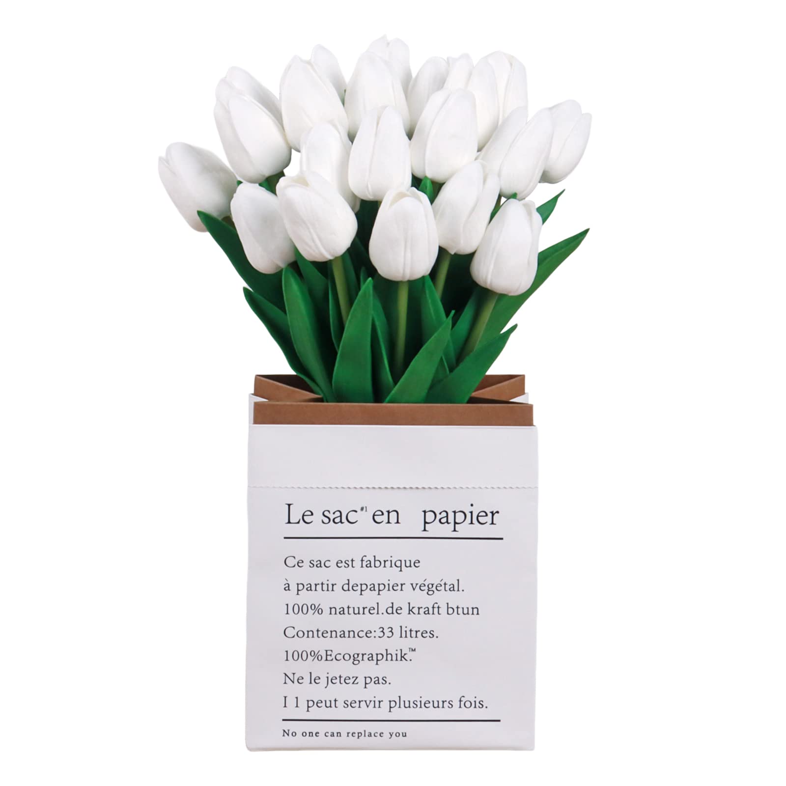 VaryFloral 20 Pcs White Tulips Artificial Flowers with Paper Bag PU Faux Flowers Real Touch Tulips Spring Bouquet Fake Flowers for Decoration for Centerpiece Weeding Party Home Décor (with Paper Bag)