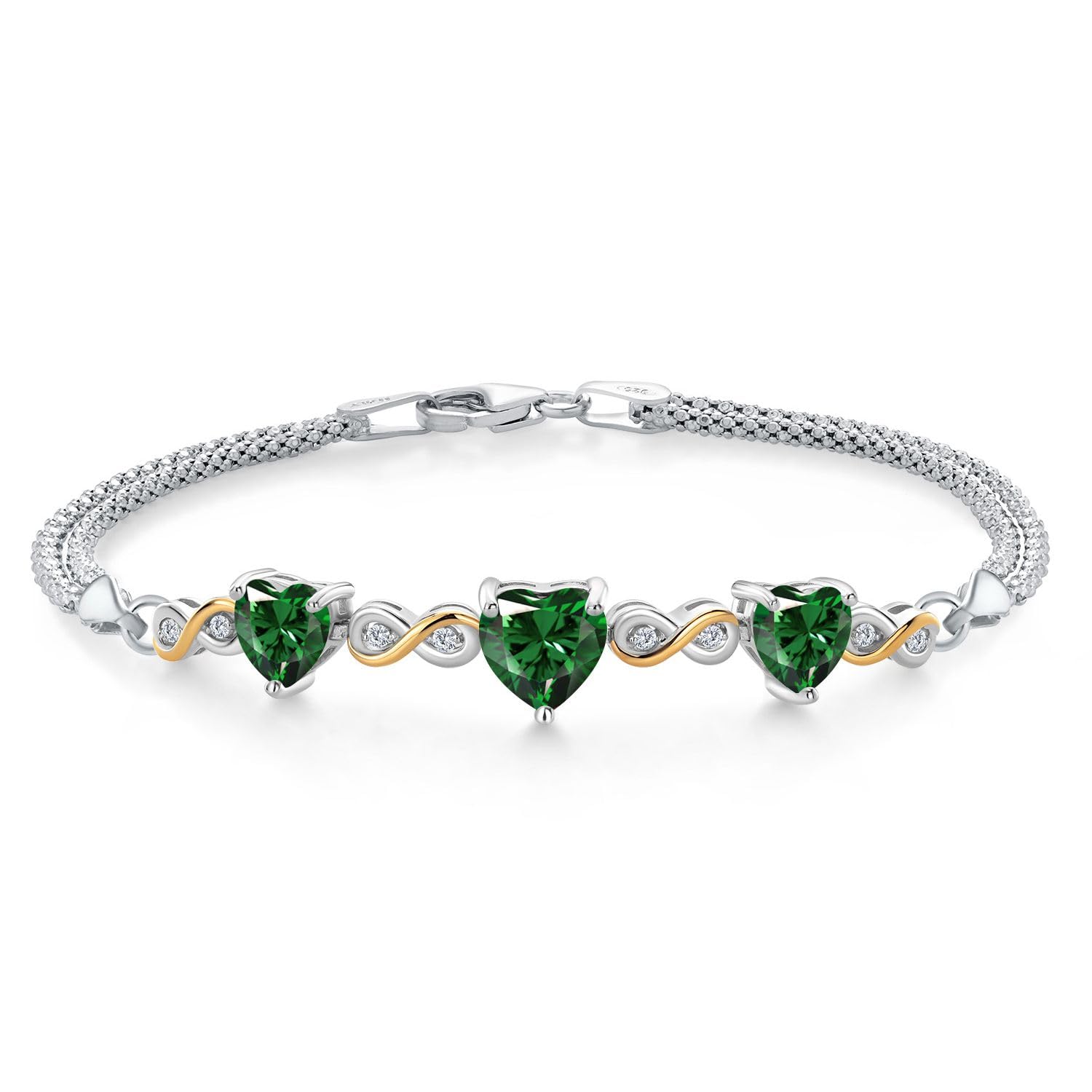 Gem Stone King 925 Sterling Silver and 10k Yellow Gold Green Nano Emerald and White Lab Grown Diamond Bracelet For Women (2.48 Cttw, Heart 7MM and 6MM