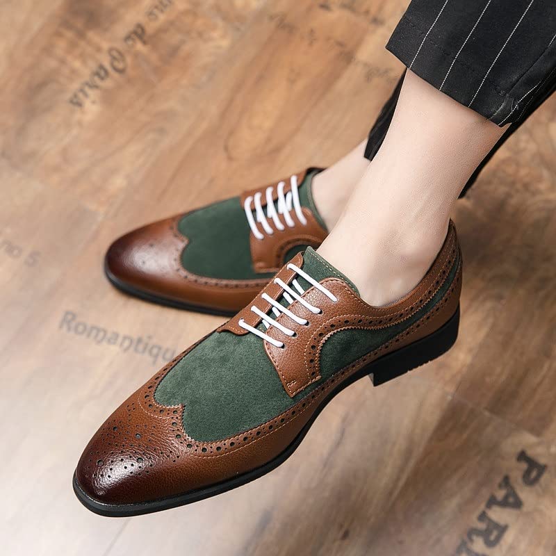 Dress Shoes for Men Lace Up Two Tone Wing tip Brown and Green Derby Shoes Faux Leather Non Slip Resistant Anti-Slip Rubber Sole Prom(Brown,10 M US)4
