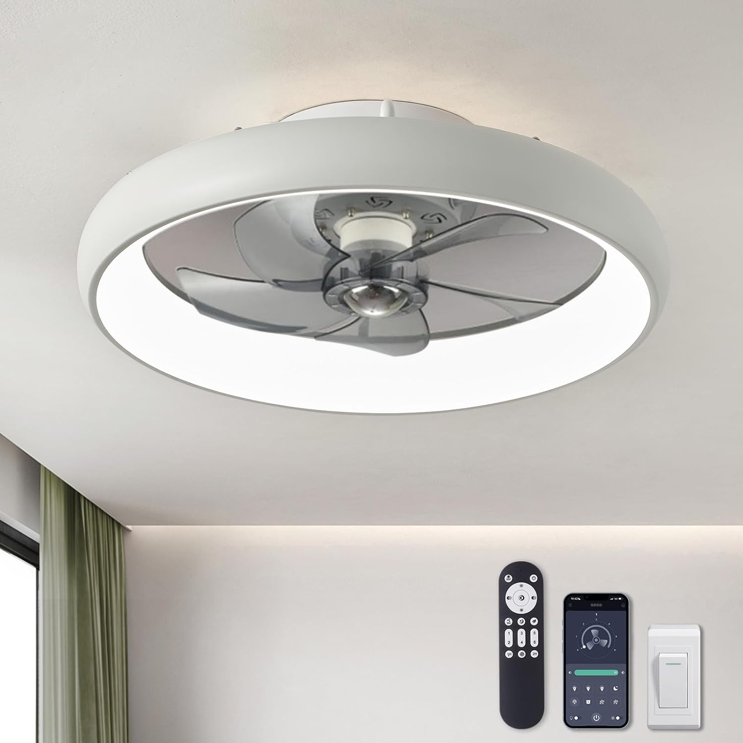 Ceiling Fans with Lights and Remote, 20'' Low Profile Flush Mount Fan with Lights, 6 Wind Speeds, Modern Dimmable LED Ceil Fans, Smart Ceiling Fan for Bedroom, Kids Room (White)