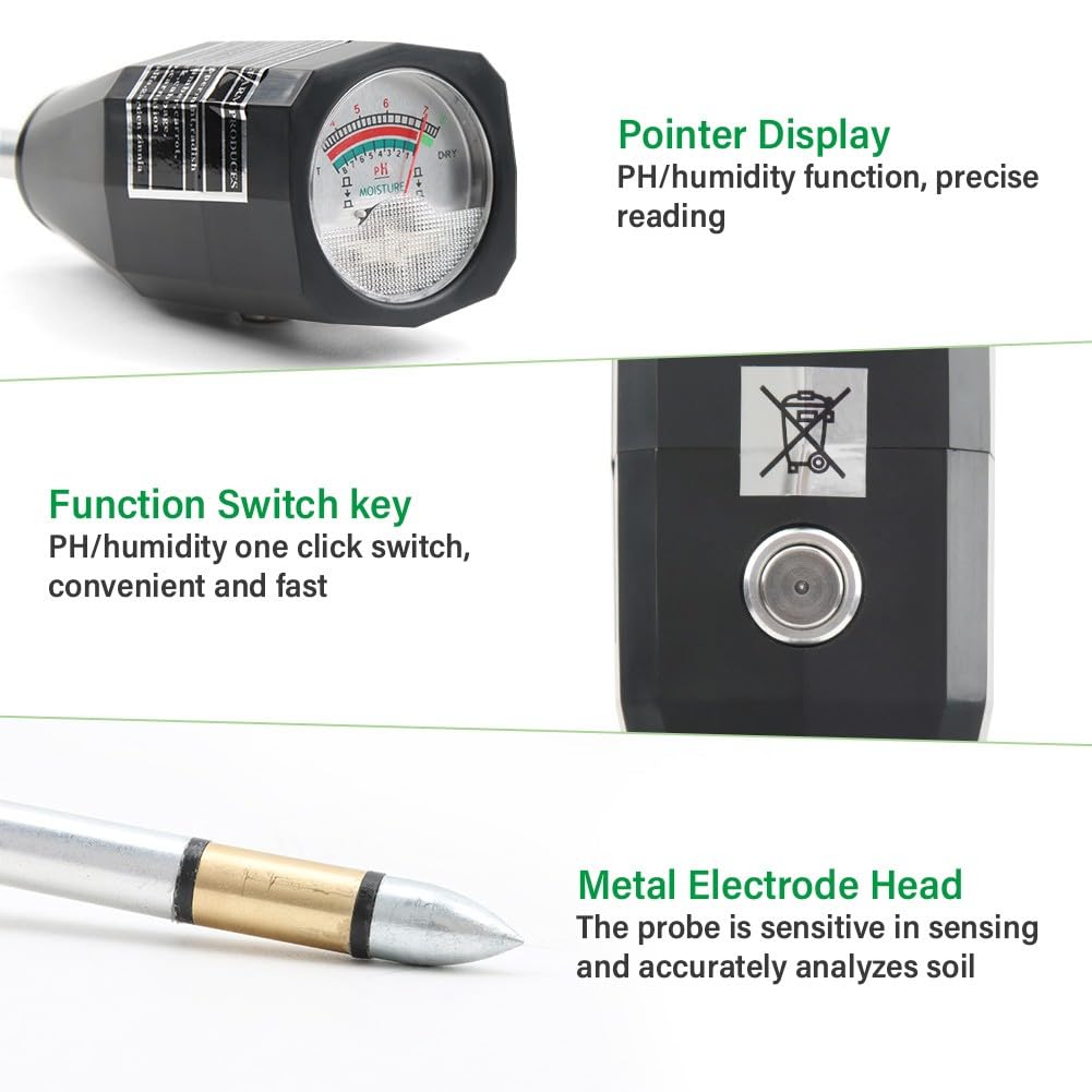Testeur de pH du sol, capteur d'humidité portable avec électrode en métal et grand écran, testeur précis de plage de pH de 1 à 8 pour jardin, ferme, pelouse et plantes d'intérieur (noir)