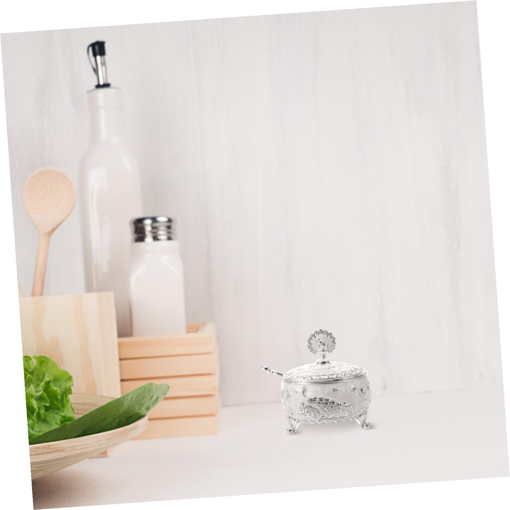 Zuccheriera da Cucina in Lega e Vetro con Coperchio e Cucchiaino, Design retrò Raffinato a Forma di Pavone, Facile da Pulire con Apertura per Piano Cucina