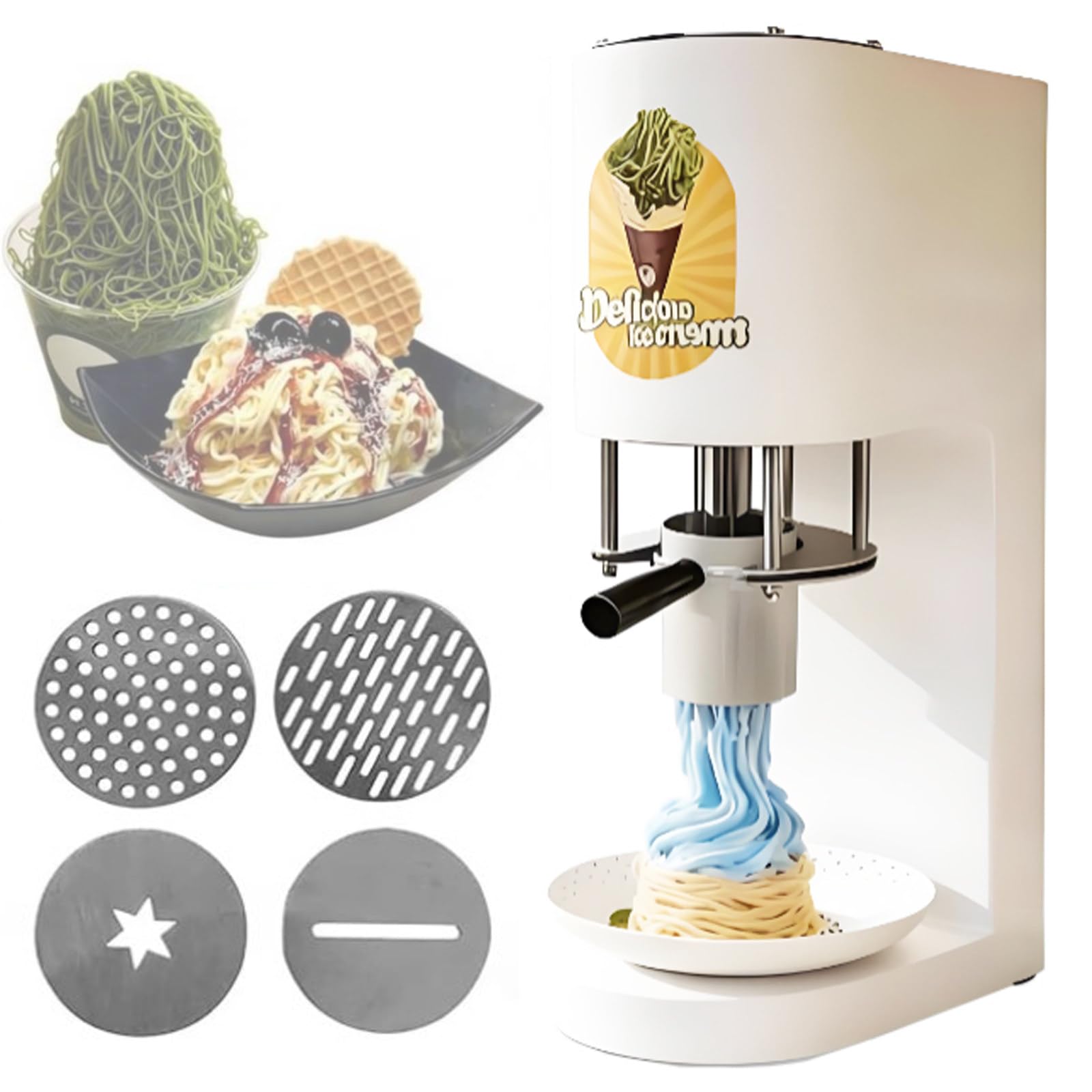 DOZPAL Commercial Spaghetti Ice Cream Machine - Professional Ice Cream Noodle Extruder 28-30 L/H Output with 4 Interchangeable Molds for Restaurants, Bars, Dessert Shops and Food Trucks White