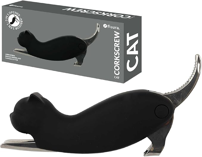 Fisura - Original "cat" corkscrew. Stainless steel corkscrew with built-in foil cutter. Fun and original wine opener. Unique beer opener, perfect for a gift.