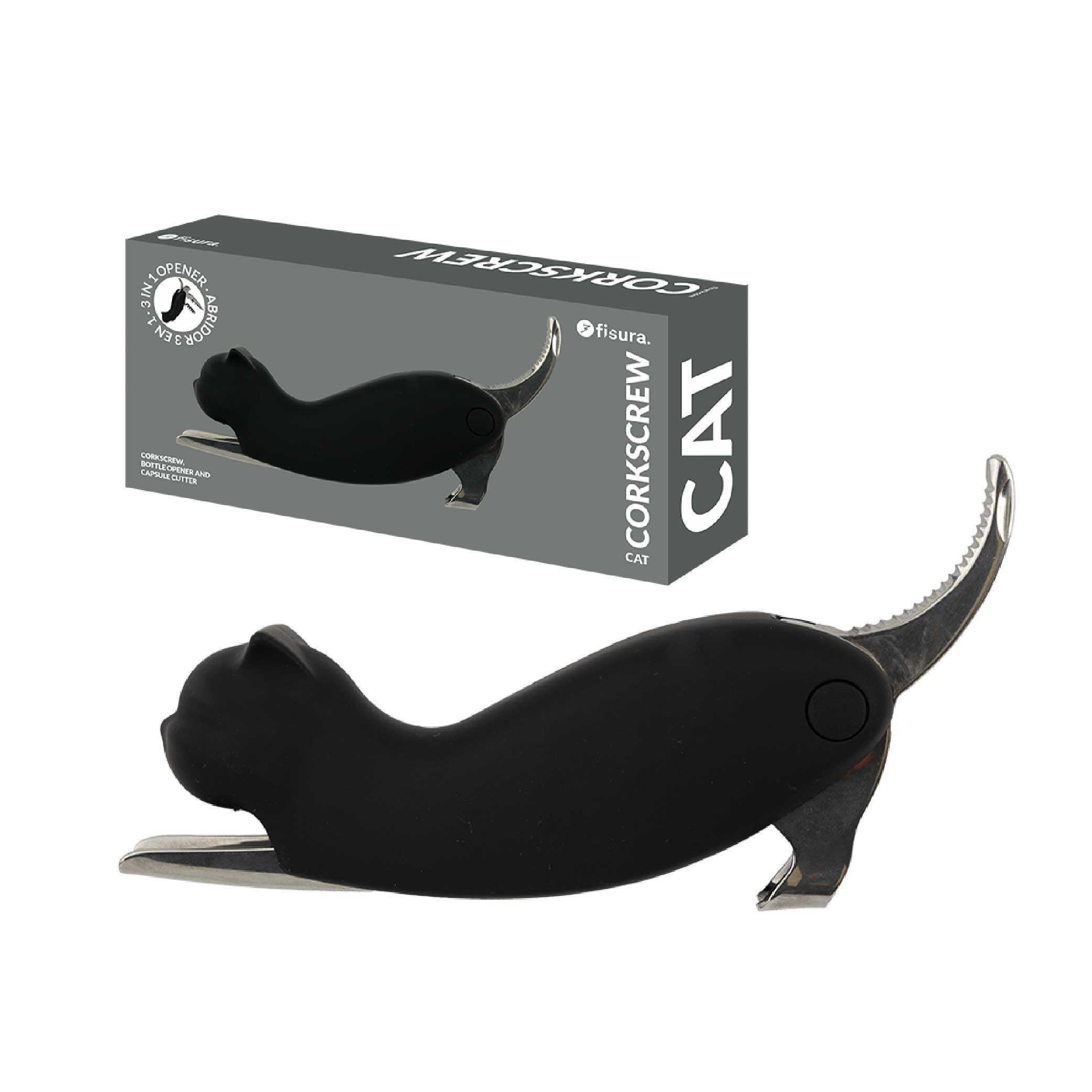 Fisura - Original Cat Corkscrew Wine Bottle Opener & Beer, Stainless Steel Cork Screw for Wine Bottles with Cutter Blade Capsules, Novelty Funny Opener, Birthday Gifts for Men & Women (Black)