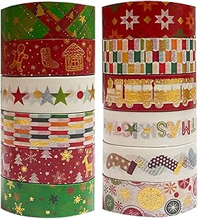 12 Roll Christmas Washi Tape Vintage Christmas Holiday Washi Tape Christmas Washi Masking Tape Washi Tape for Card Making Red Green Decorative Xmas Washi Tape for Scrapbooking DIY Gift Wrapping