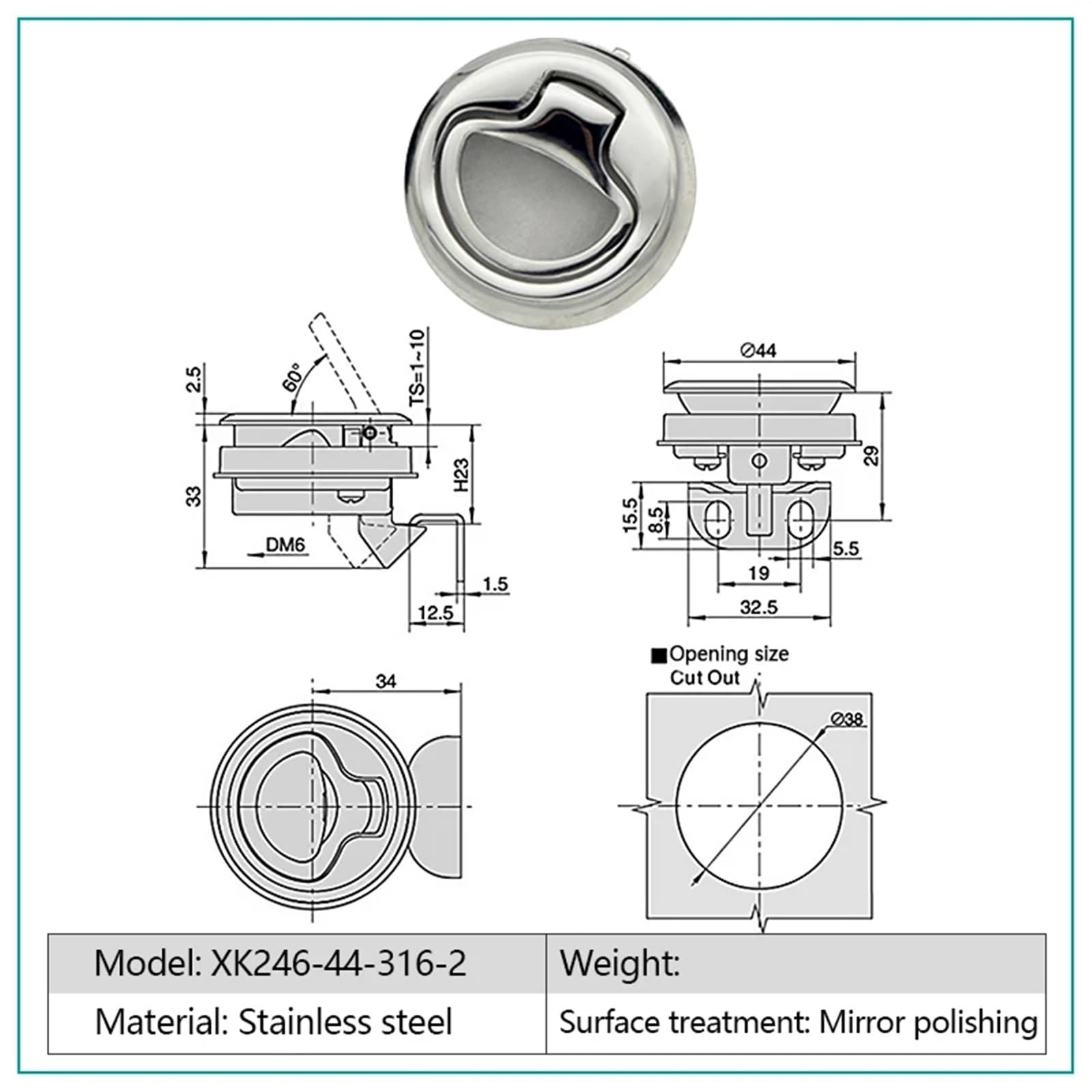 XK246-44 Maniglia rotonda Anello di tiraggio Cam Lock Marine Latch con auto e navi 1 pezzo(XK246-44-316)