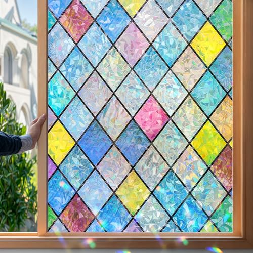 Mgood Vinilos para Cristales Efecto Arcoiris Vinilo para Ventanas Patrón de Rombos Decorativos Translucido Electrostática Anti UV Lámina Privacidad Ventana 30x100cm