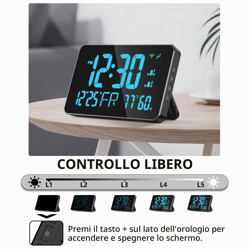 Irfora Tuya, orologio tavolo WiFi calendario, igrometro intelligente con indicatore LED digitale, supporta la calibrazione automatica Wi-Fi/regolabile in 4 livelli