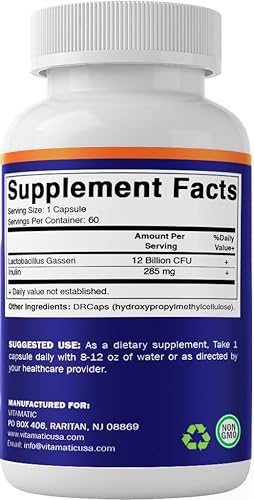 Miniatura 8 de Vitamatic Lactobacillus Gasseri - 12 mil millones por cápsula DR - 60 unidades - Soporte digestivo - Fabricado con fibra prebiótica de inulina