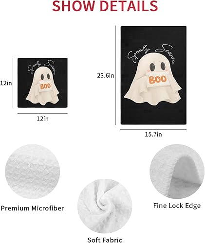 Miniatura 7 de Kitchen Towel 2 Packs Cotton Waffle Weave, Halloween Spooky Ghost Black 16 x 24 Inch Absorbent Quick Drying Dish Towels Clothes for Kitchen Living
