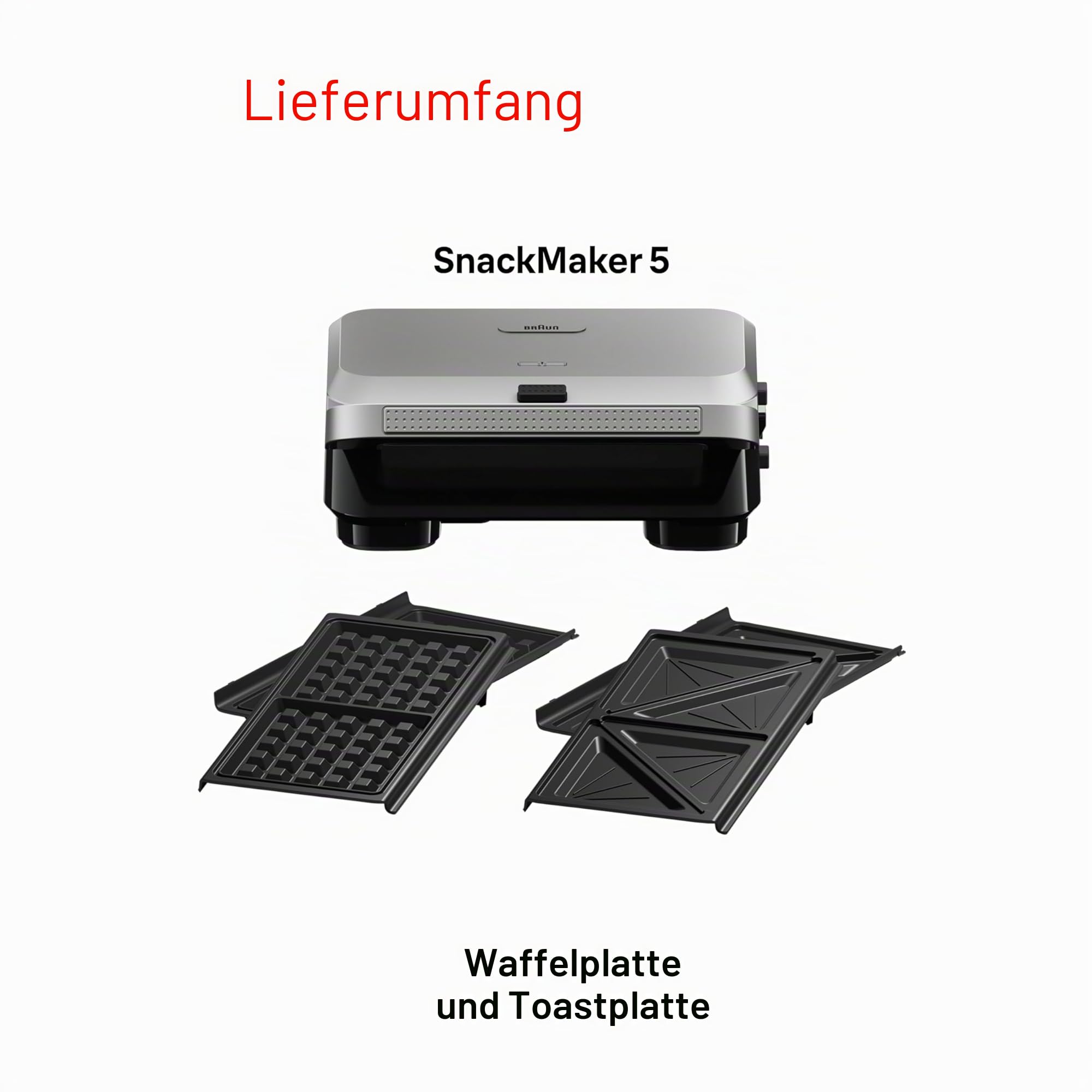 Braun SnackMaker 5 – 2-in-1 Sandwichmaker und Waffeleisen mit Wechselplatten, spülmaschinengeeignet, Aluminiumguss, 800 W, Silber (SM5005)