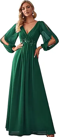 Women's A-line Long Sleeve V-Neck Chiffon Mother of The Bride Dress 0461