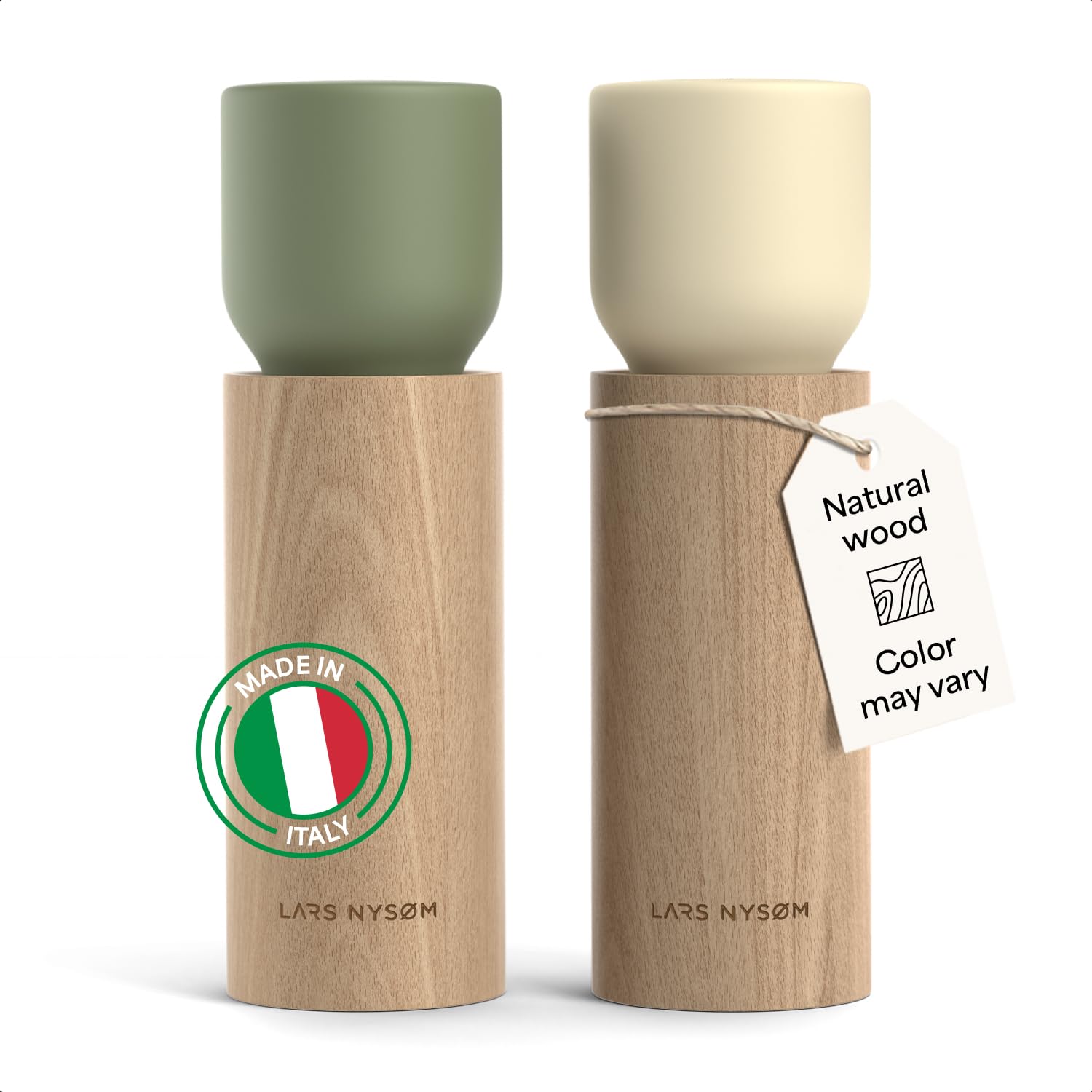 LARS NYSØM Salz und Pfeffermühle Holz Set - Manuelle Salz- und Pfeffermühle mit Keramikmahlwerk - Große Pfeffermühle & Salzmühle für Grobes Salz - Gewürzmühle für Küche oder Tisch (Green/Beige)