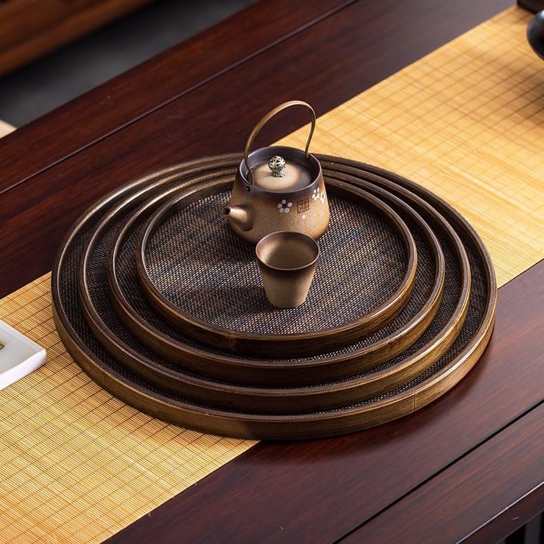 Bandeja Bandeja Rectangular Retro China, Bandeja de té Redonda, Estera Tejida, Bandeja de té seco, Bandeja de té Zen, Bandeja de postres Bandejas para Servir Comida(E)