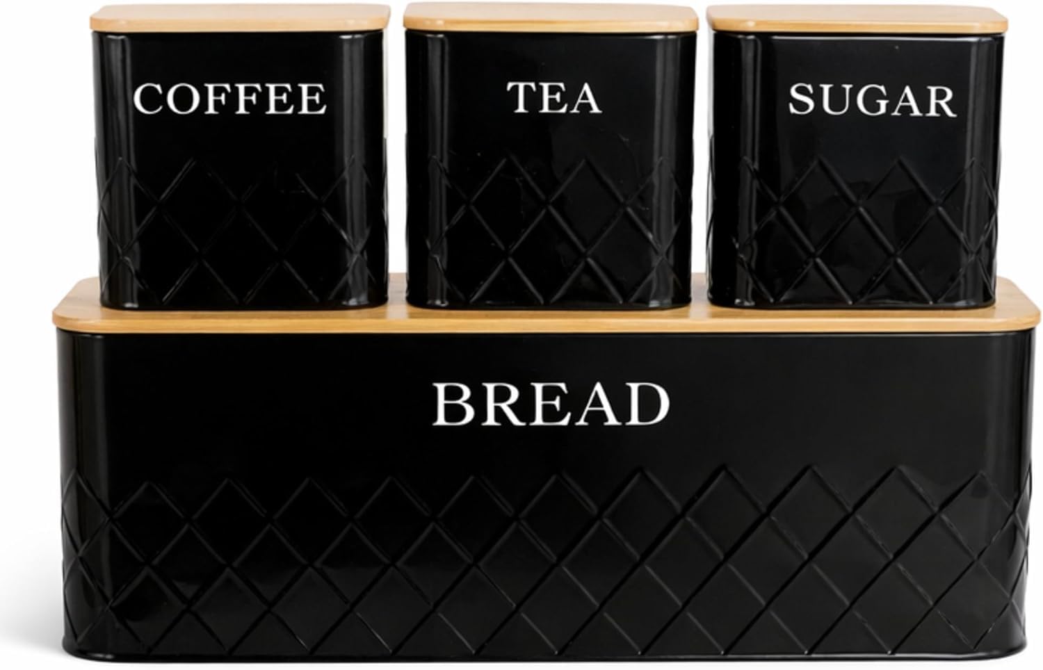 SORAHIGH 4 Piece Bread Bin and Kitchen Canister Set with Bamboo Lids, Powder-Coated Metal Bread Storage Box with Tea Coffee Sugar Containers, Easy-Clean Countertop Storage Set