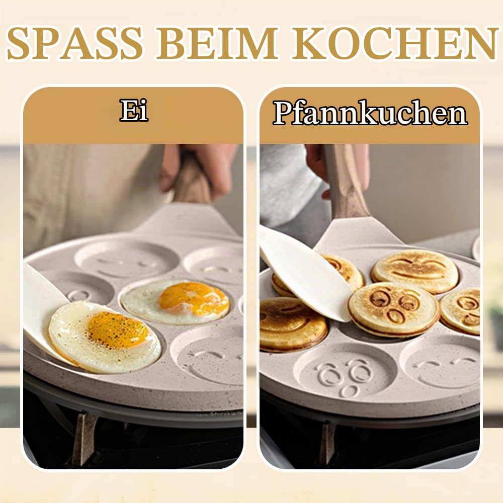 Bobikuke Pancake Pfanne Induktion, Antihaft Pancake Maker 7 Löcher mit Smiley-Gesichtern Spiegelei-Pfanne, zum Kinderfrühstück, 26 cm - Weiß – Ansicht 2