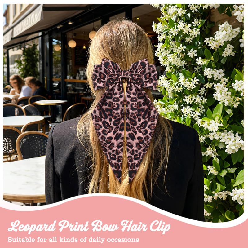 Lazo para cabello rosa con estampado de leopardo grande, clip francés de satín sedoso para mujeres, lazo con borla y cinta para el cabello con cola larga, clips para cabello para mujeres y niñas, regalo para San Valentín y cumpleaños miniatura 3