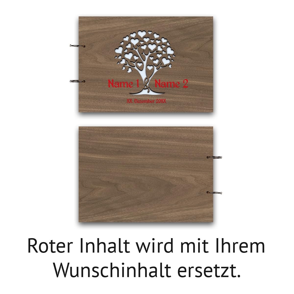 Kartenmachen.de Personalisiertes Hochzeit Gästebuch echtes Holz DIN A4 Hochzeitsbuch mit Lasergravur - Herzbaum - mit 72 Blatt / 144 Seiten Naturpapier Weiß
