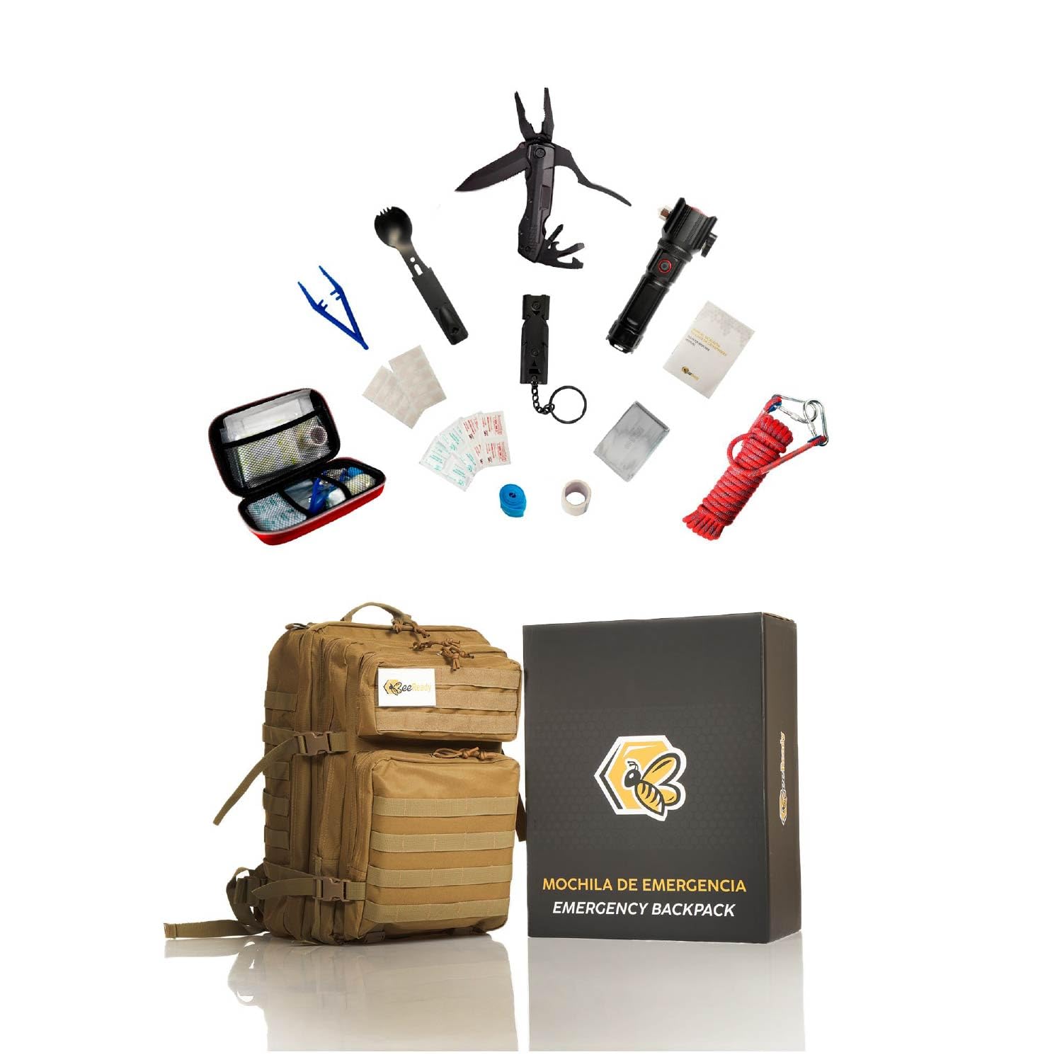 Kit Supervivencia Emergencia Completo – Mochila militar 45L, Linterna LED táctica, Botiquín de primeros auxilios, Cuchillo multiherramienta, Manta térmica– 25 piezas, 3 colores (Marrón)