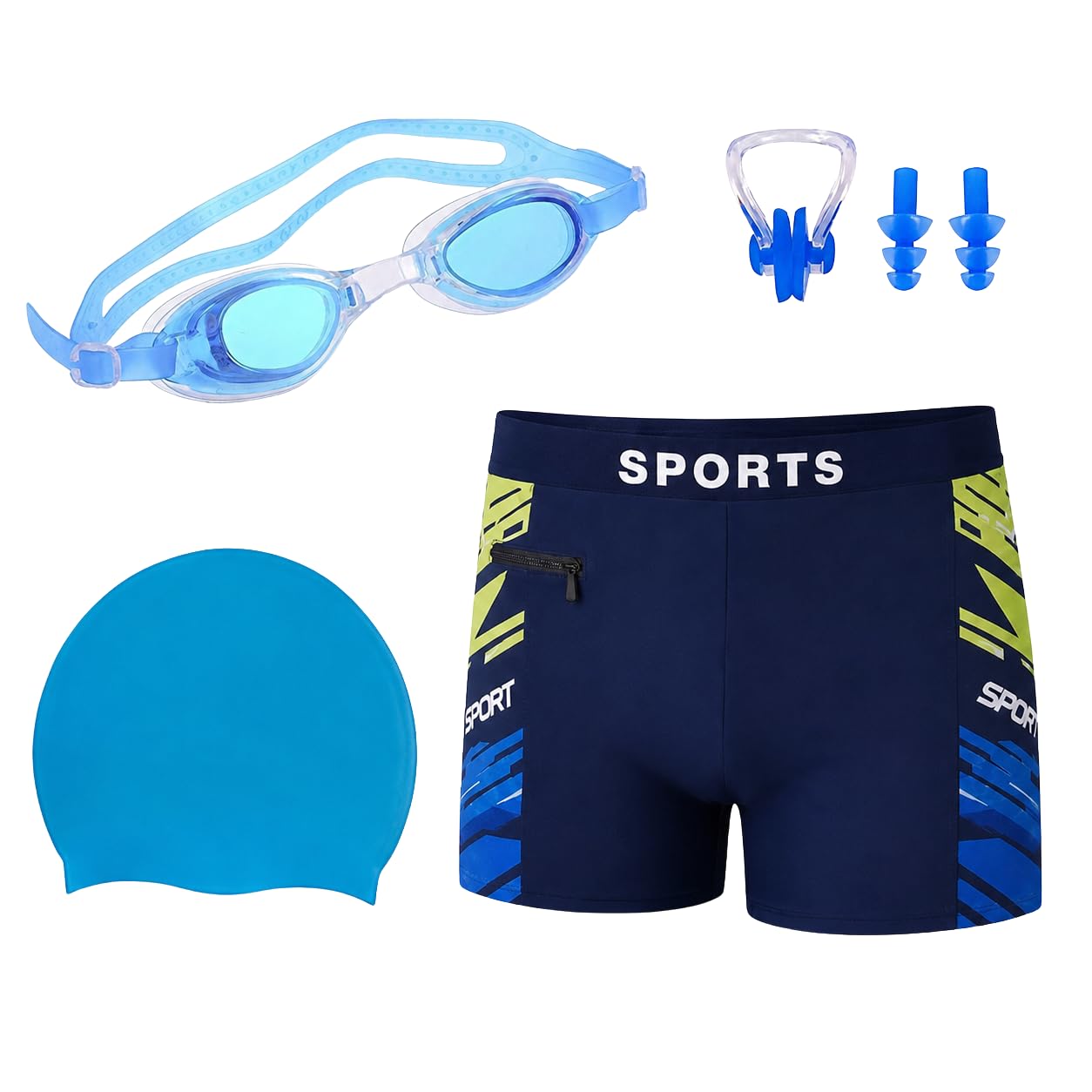 swimming combo kit with shorts (28–34 inch) | anti-fog goggles, silicone swim cap, ear plugs & nose clip | regular fit complete swim set for men | ideal for pool training, beach & water sports