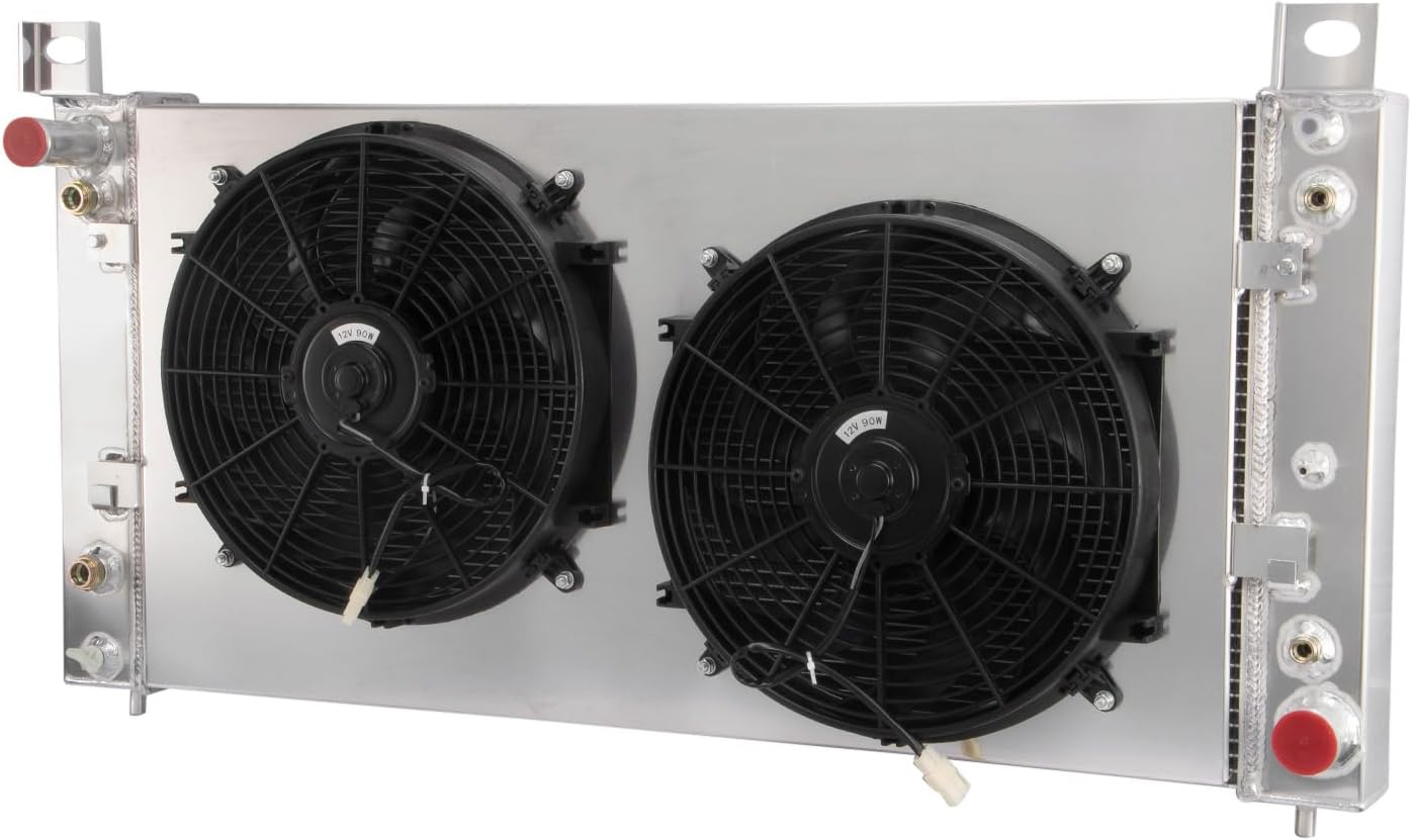 ALLOYWORKS 4 Row Radiator + Shroud Fan For 99-2014 Chevy Silverado 1500 2500 GMC Yukon 34''W Crossflow Radiators, OEM CC2370