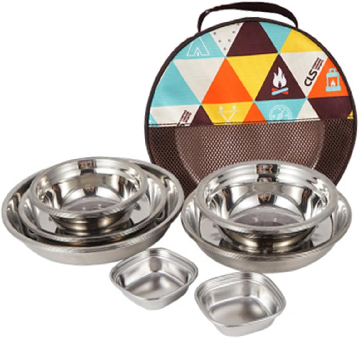 Kisangel Outdoor Dining Portable Stainless Steel Campfire Plates Bowls with Storage Bag Lightweight for Hiking Camping Picnics and Rv Use