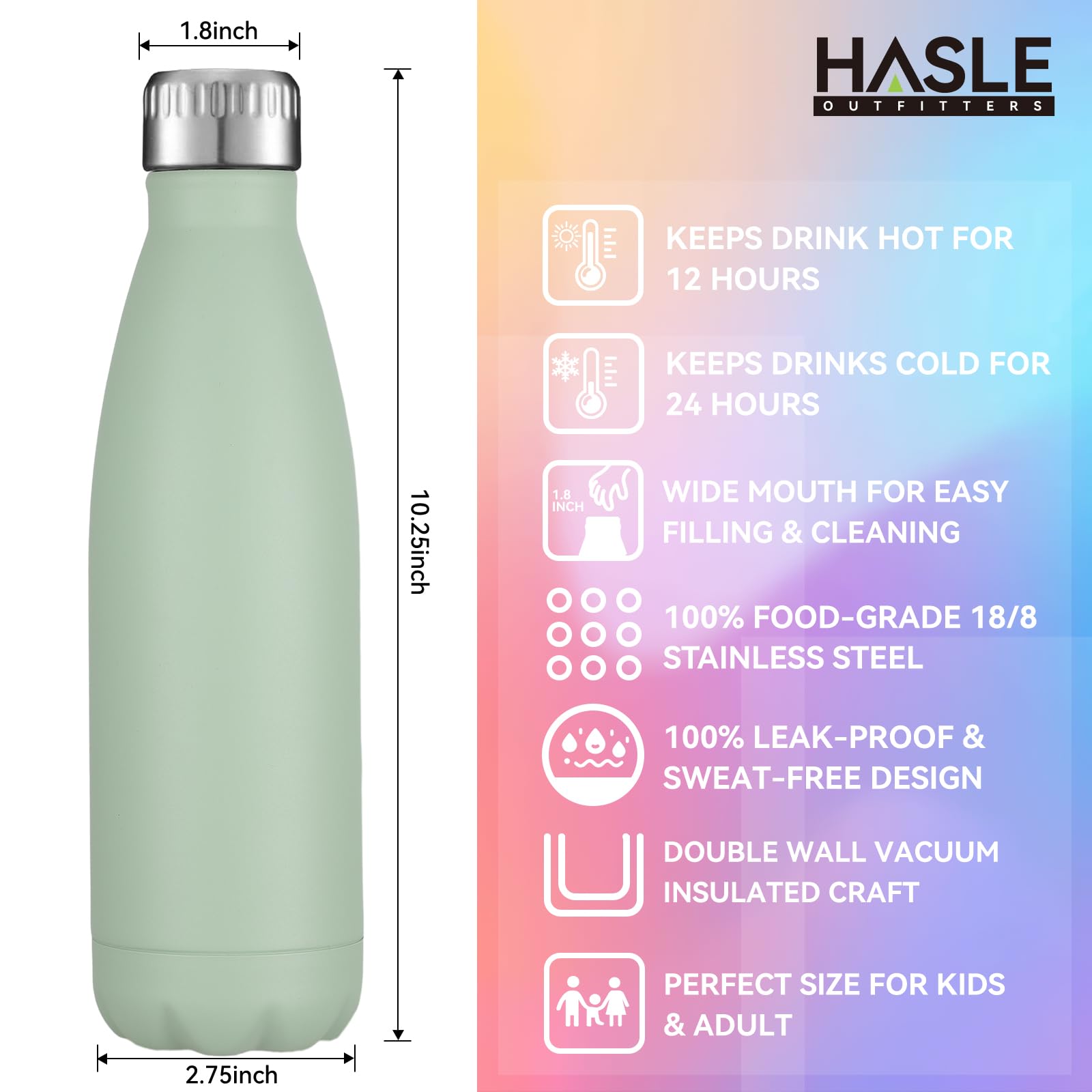HASLE OUTFITTERS Edelstahl-Wasserflaschen, vakuumisoliert, doppelwandig, pulverbeschichtet, wiederverwendbar, Metall-Sport-Wasserflaschen, halten Getränke heiß und kalt, Hellgrün, 4 Packungen