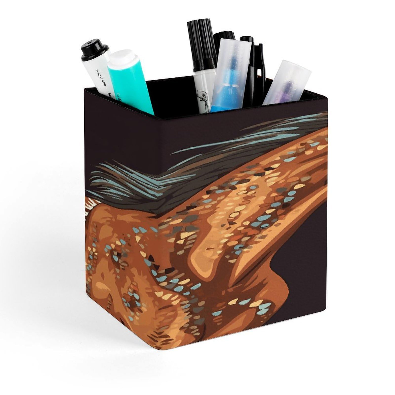 JTREHY - Brown Horse Pen Holder Square Pencil Holder Makeup Brush Holder PU Leather Cup Stationery Organizer Office Accessories