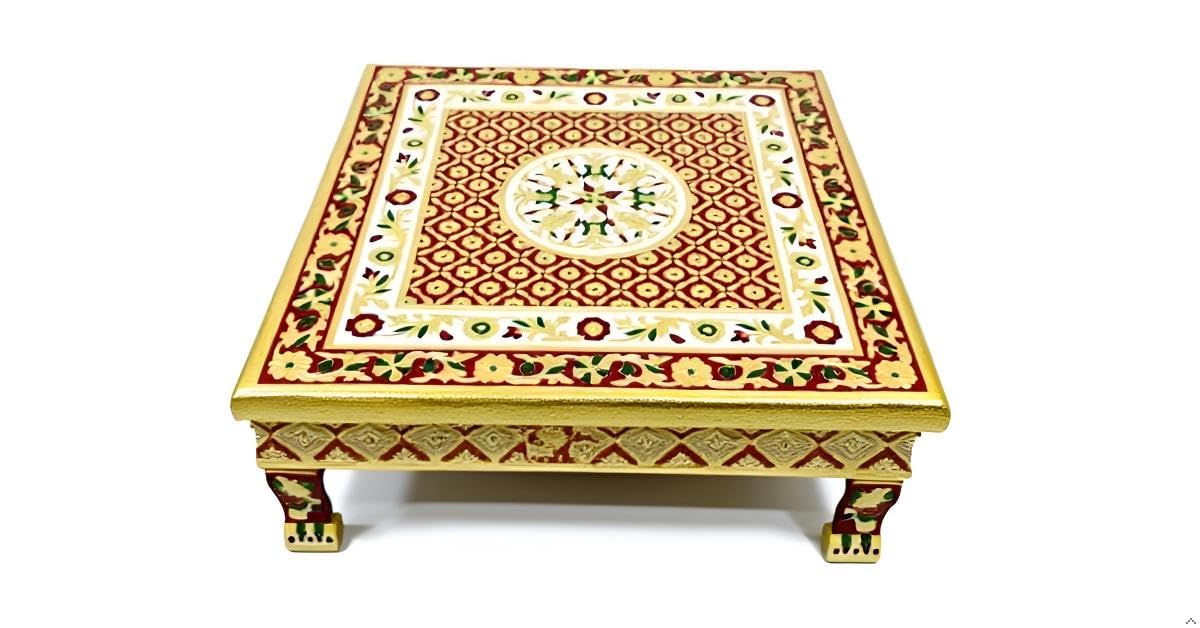 Sgr Handicrafts Pooja Bajot | Meenakari Chowki | Wooden Chourang for Wedding | Pooja Chowki | Chaurang | (18X18 Inch) Color-Gold, Flower Design-picture-10