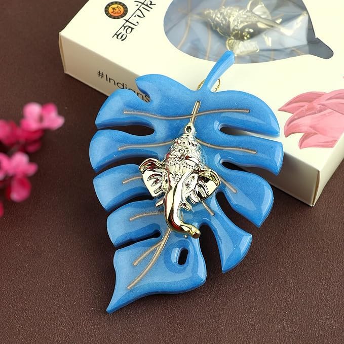 SATVIK Decorative wall hanging of Ganesh in 1 piece made of resin Leaf Sculptured Ganesha with a Happy Face Pooja Decoration Item (Blue)
