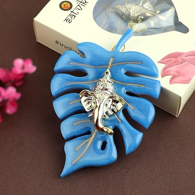 SATVIK Decorative wall hanging of Ganesh in 1 piece made of resin Leaf Sculptured Ganesha with a Happy Face Pooja Decoration Item (Blue)
