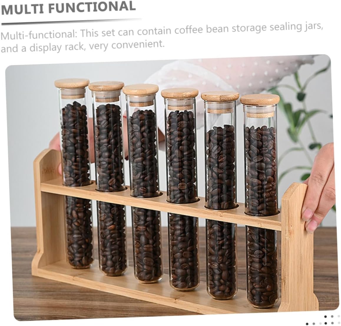 Coffee Bean Glass Storage Tubes with Airtight Lids and Wooden Display Stand Clear Glass Vials for Freshness Portable Sealed Canisters for Coffee Shops and Home Use
