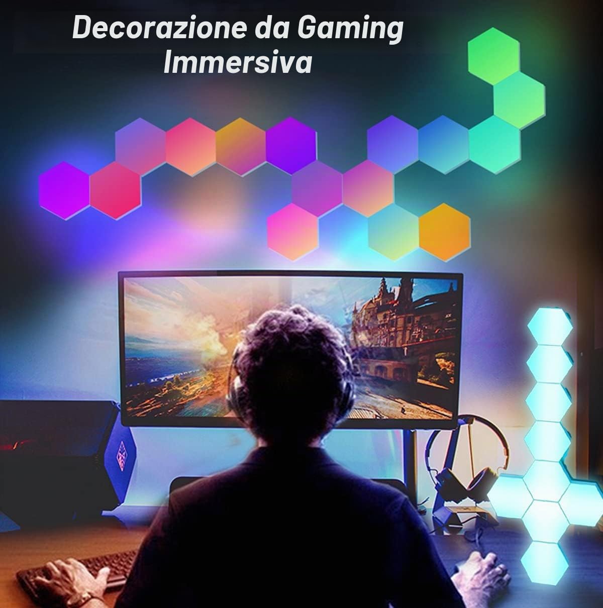 Pannelli LED RGB con Telecomando, Luci Esagonali LED Parete Gaming Pannello Muro Controllo Touch Luce Notturna,Fai da te Geometria Splicing Lampada Esagonale per Stanza da letto/Salotto/Party,7 Pezzi