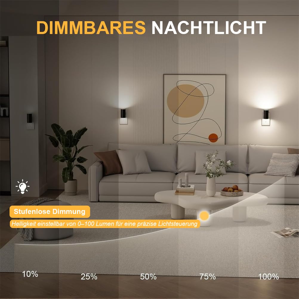 SolumiLumea | Intelligentes Nachtlicht LED Nachtlicht mit Bewegungssensor, dimmbar, 0-100 Lumen, warmweiß, ideal für Flure, Schlafzimmer und Treppenhäuser (Schwarz, WARM)
