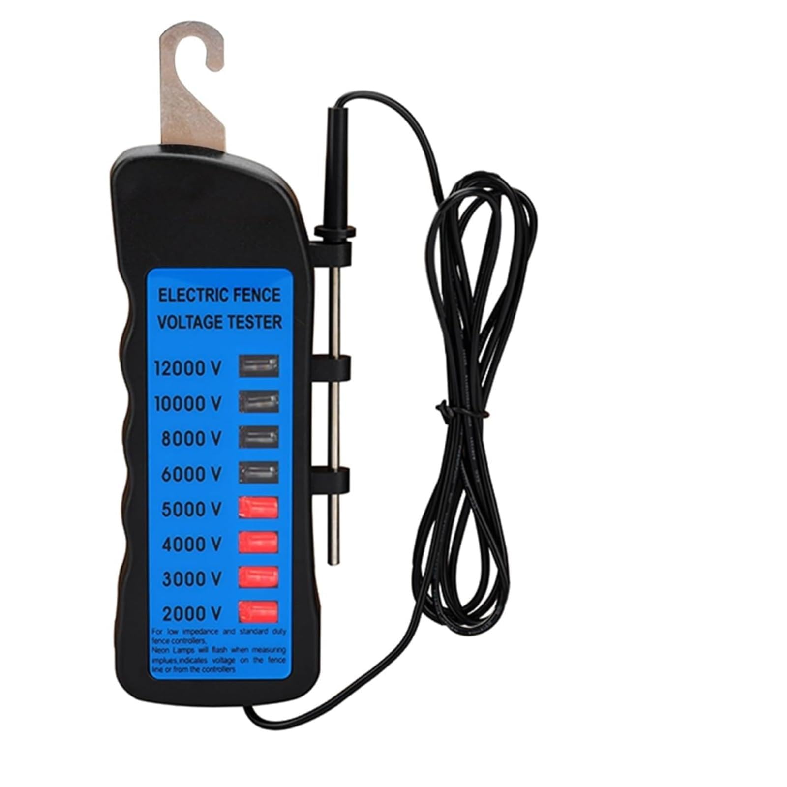 Probador Cercas Eléctricas de 12KV, Probador de Voltaje de Cerca Eléctrica 8 Luces Indicadoras de Neón, Comprobador de Vallas Impermeables para Granjas