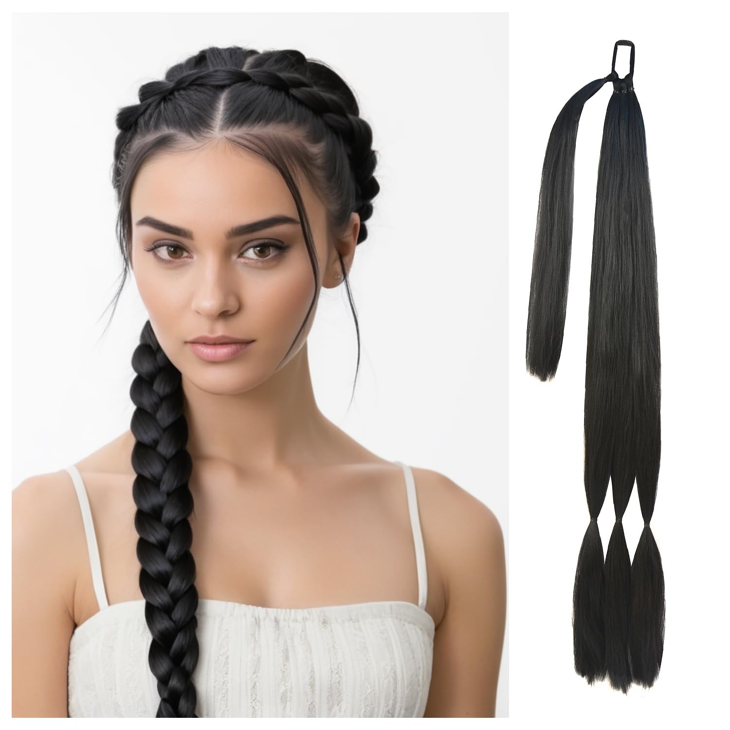 YTBYT 34 Inch Black Long Ponytail Extension with Hair Tie Straight Wrap Around Hair Extensions DIY Pre Stretched Natural Soft Synthetic Hair Piece for