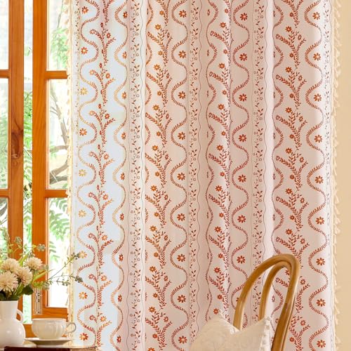 Image of Boho Valance Curtain for Kitchen Window, Terracotta on Beige Farmhouse Short Curtains Floral Tassel Window Valance Light Filtering Rod Pocket 1 Panel 55 inch W x 14 inch L