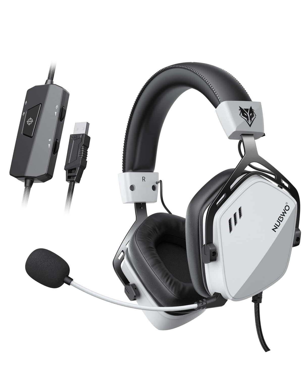 NUBWO HG03 - Auriculares USB para juegos con sonido envolvente 7.1 y FPS, auriculares con cable con micrófono con cancelación de ruido, diseño cómodo para PC, portátil, color blanco