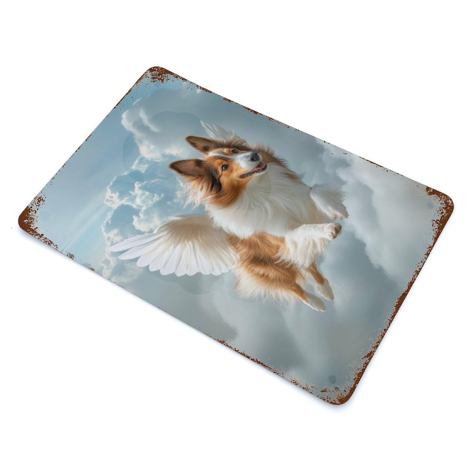 Winged Sheltie Dog Flying in Clouds Shetland Sheepdog Pet Loss Wall Art Rust Effect Tin Sign 11.8"x7.9", Ideal for Farmhouse, Kitchen And Entryway Decor