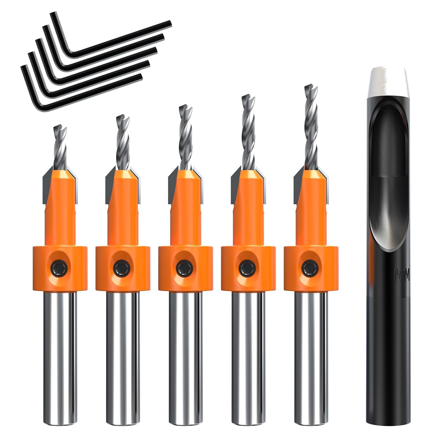 Shank Countersink Drill Bit Set, 2.8/3.0/3.2/3.5/4mm Tapered Drill Bits, Carpentry Reamer with 8mm Pilot Screw Hole for Wood High Speed Steel, Woodworking Carpentry Reamer (5 PCS Free Hex Key Wrench)