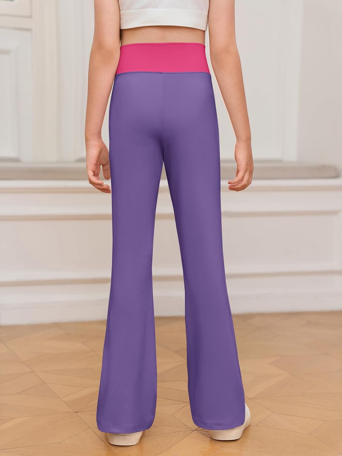 Haloumoning Girls Flare Leggings Cross High Waisted Bootcut Pants Kids Color Block Full Length Bell Bottoms 5-14Y - Image 4